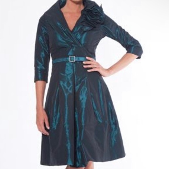 TERI JON RICKIE FREEMAN Vintage Teal Green Taffeta Rosette Cocktail Dress XS 0 2 - Picture 1 of 8